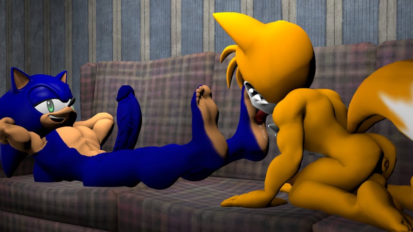 2boys 3d barefoot drool erection foot_fetish foot_lick fox gay green_eyes hands_behind_head hedgehog indoors kneeling licking licking_foot lying male male/male male_only miles_tails_prower open_mouth penis precum sega sfm smile sofa sonic_(series) sonic_the_hedgehog sonic_the_hedgehog_(series) source_filmmaker supaphreak tails_the_fox yaoi