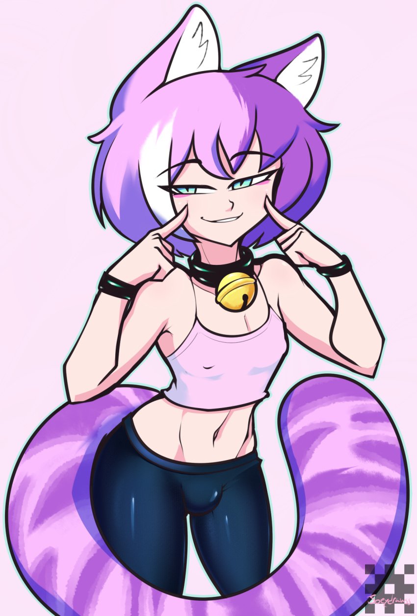 1boy 2019 androgynous aqua_eyes bell_collar black_pants bulge catboy collar crossdressing femboy girly joeydrawss latex_pants original penis_under_clothes pink_background pink_tank_top raised_eyebrows sexually_suggestive sissy smile smug solo sports_bra standing striped_fur tail taki_(joeydrawss) tank_top thighs two_tone_hair two_tone_tail white_skin wide_hips yoga_pants