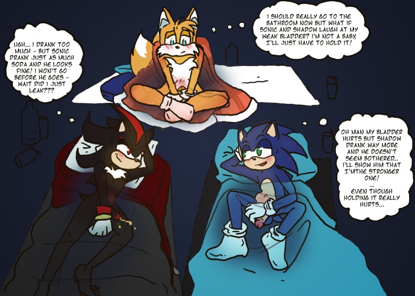 3boys bedwetting blush color desperation english english_dialogue male nude nude_male omorashi pee_desperation peeing peeing_self penis penis_out shadow_the_hedgehog sleepover sonic_(series) sonic_the_hedgehog sonic_the_hedgehog_(series) tails tails_the_fox urine urine_stream wetting wetting_self