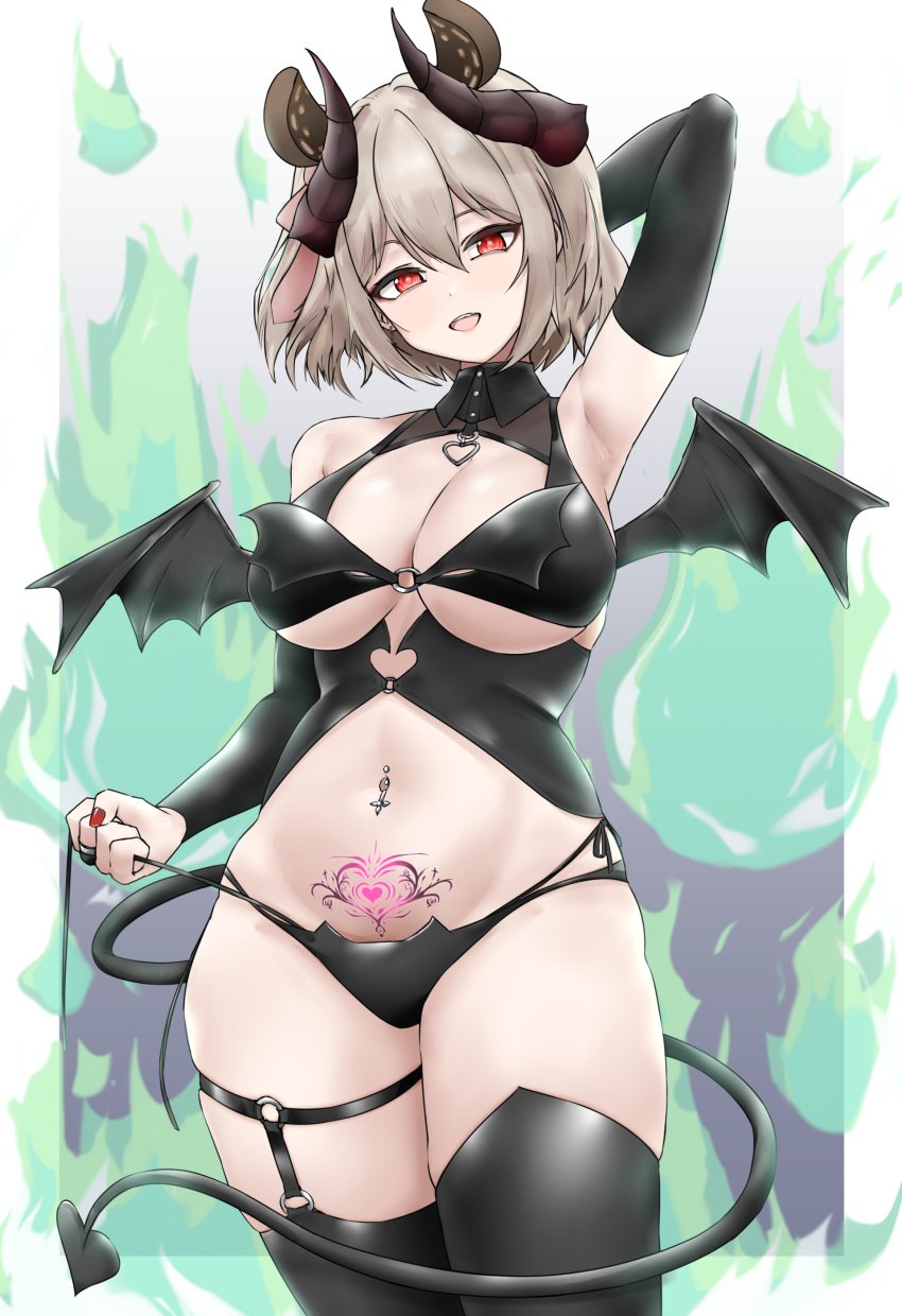 1girls :d absurdres aidoruhakase animal_ears arm_behind_head arm_up armpits bare_shoulders bare_thighs bikini black_background black_bikini black_bridal_gauntlets black_thighhighs breasts bridal_gauntlets cat_ear_bikini cleavage demon_girl demon_horns demon_tail demon_wings female female_only fire gradient_background green_fire grey_hair hair_between_eyes heart_cutout highres horns indie_virtual_youtuber large_breasts looking_at_viewer middle_ring nail_polish navel navel_piercing nimi_nightmare o-ring piercing pubic_tattoo red_eyes red_nails shoulders skindentation smile solo stomach succubus swimsuit tail tapir_ears tapir_girl tattoo thighhighs thighs underboob untying virtual_youtuber white_background white_border wings
