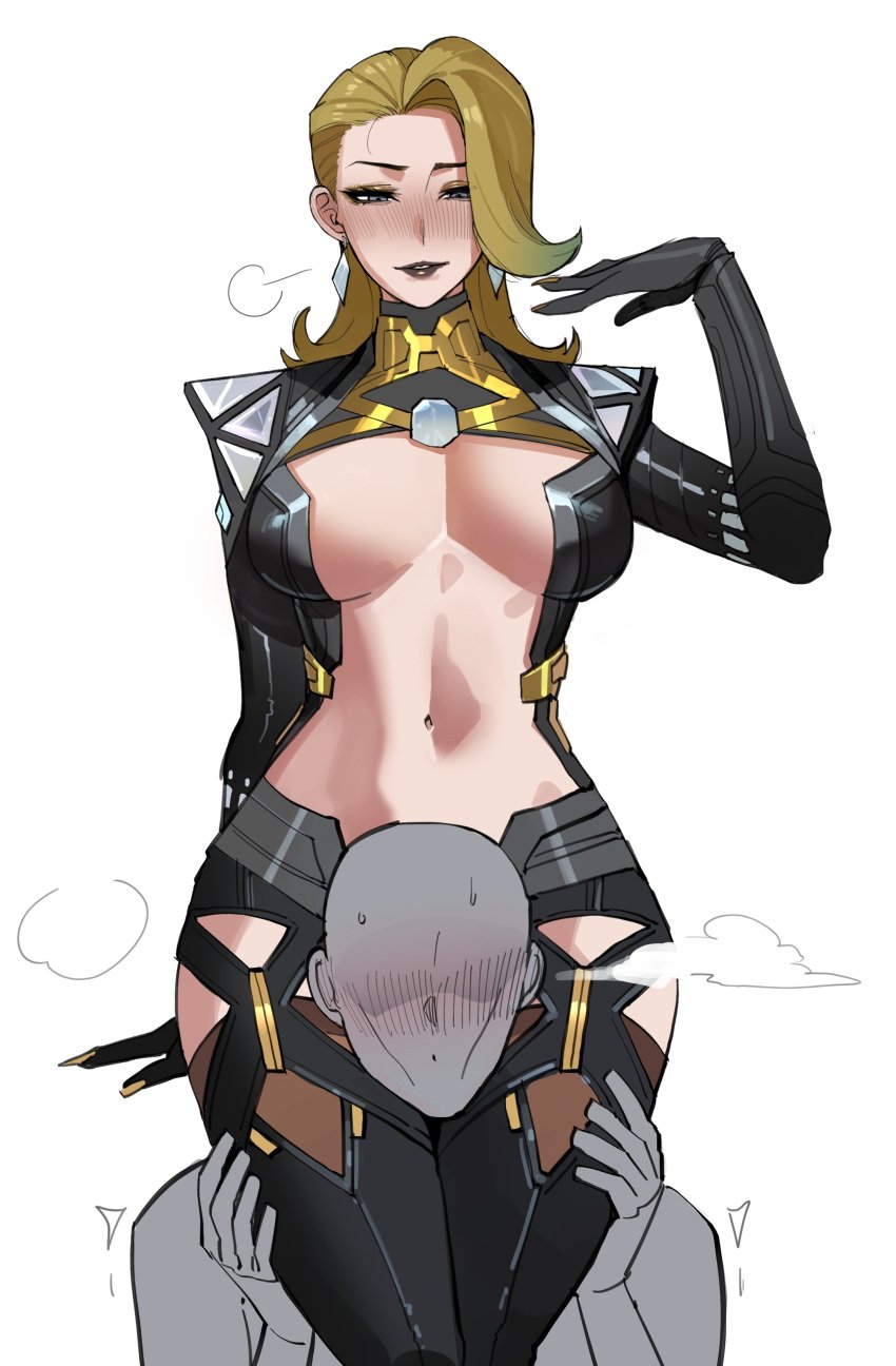1boy 1girls big_breasts black_lipstick blonde_female blonde_hair blonde_hair_female blush breasts emma_frost emma_frost_(marvel_rivals) emma_frost_(x-revolution) female female_focus head_between_thighs headscissor light-skinned_female light_skin male marvel marvel_comics marvel_rivals ratatatat74 thick_thighs thighs