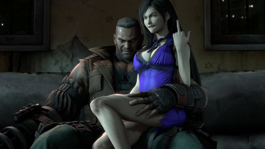 3d barret_wallace biting_lip bull cheating cleavage corruption cuckold_pov dark-skinned_male dovasfm female final_fantasy final_fantasy_vii final_fantasy_vii_remake flipping_off hand_on_thigh imminent_cheating imminent_sex interracial looking_at_cuckold male ntr sitting_on_lap smug_face tifa_lockhart tifa_lockhart_(refined_dress) ugly_bastard