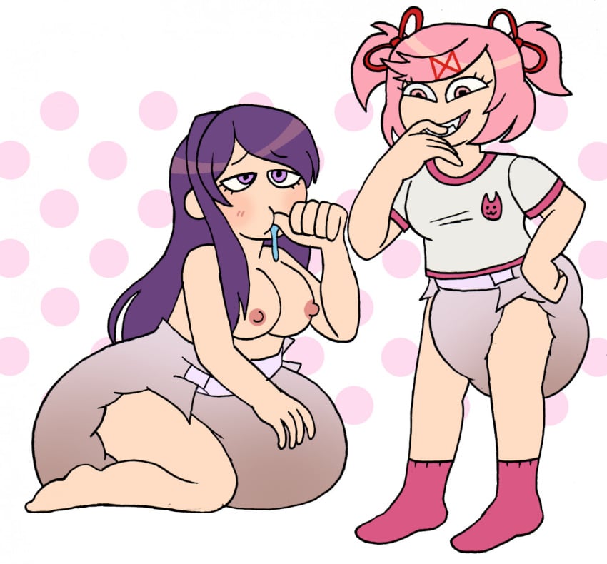 2girls abdl ageplay blush breasts breasts_out color cute diaper diaper_fetish diaper_only doki_doki_literature_club drooling female messing messy_diaper natsuki_(doki_doki_literature_club) soiling soiling_diaper used_diaper yuri yuri_(doki_doki_literature_club)