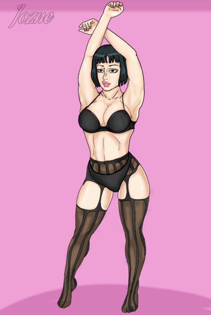 armpits arms_up big_breasts black_hair black_lingerie black_panties breasts daiya_higashikata female human jojo's_bizarre_adventure jojolion jozne large_breasts lingerie pale-skinned_female pale_skin panties short_hair shounen_jump thick thick_thighs thighhighs wide_hips