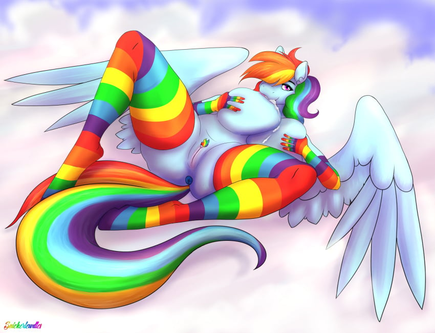 anthro anus big_breasts bodily_fluids breast_grab breasts equid equine female friendship_is_magic genitals hand_on_breast hi_res huge_breasts lactating lying mammal my_little_pony on_back pterippus pussy rainbow_dash_(mlp) self_breast_sucking self_suckle snickerlewdles straight_hair wings