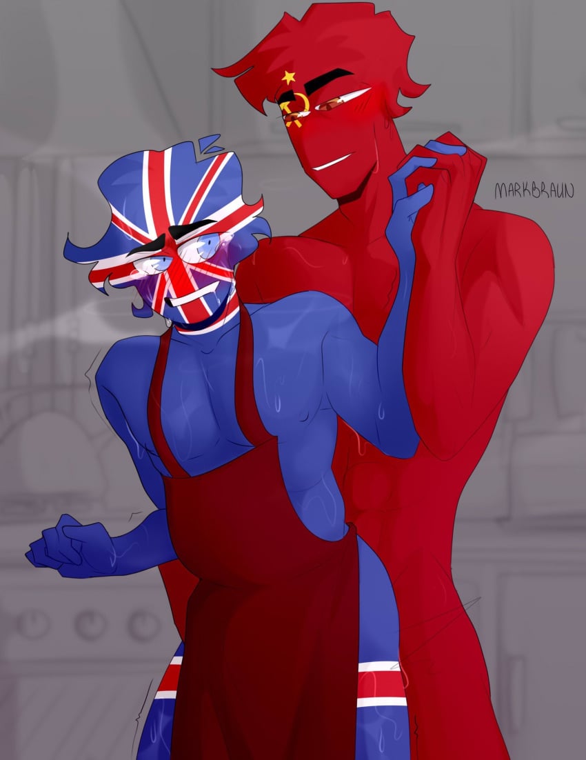 apron asian_male blue_body blue_eyes blue_hair blue_skin brown_eyes countryhumans gay hammer_and_sickle hand_hold hand_holding hand_on_thigh hand_under_clothes kitchen mark_braun_(artist) muscles muscular muscular_male naked red_body red_hair red_skin soviet soviet_union soviet_union_(countryhumans) tall taller_male thick_eyebrows united_kingdom united_kingdom_(countryhumans)