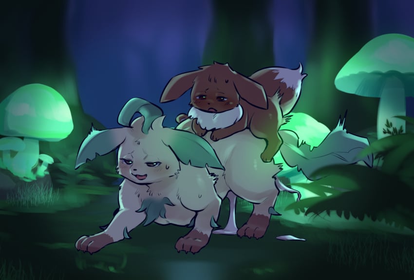 1boy 3_toes all_fours ambiguous_gender ambiguous_penetrated ambiguous_penetration blush bodily_fluids brown_body brown_eyes brown_fur canine claws cum cum_leaking detailed_background dipstick_tail doggy_style duo eevee eeveelution feral feral_on_feral feral_penetrating forest from_behind_position fungus fur furry genital_fluids grass half-closed_eyes hybrid larger_ambiguous leaf leafeon leg_markings male male_penetrating markings morokko multicolored_tail mushroom neck_tuft nintendo open_mouth penetration perching_position plant pokemon pokemon_(species) pokemon_dppt pokemon_rgby pokemon_ss quadruped sex size_difference small_dom_big_sub smaller_male socks_(marking) sweat thick_thighs toes tuft video_games wide_hips