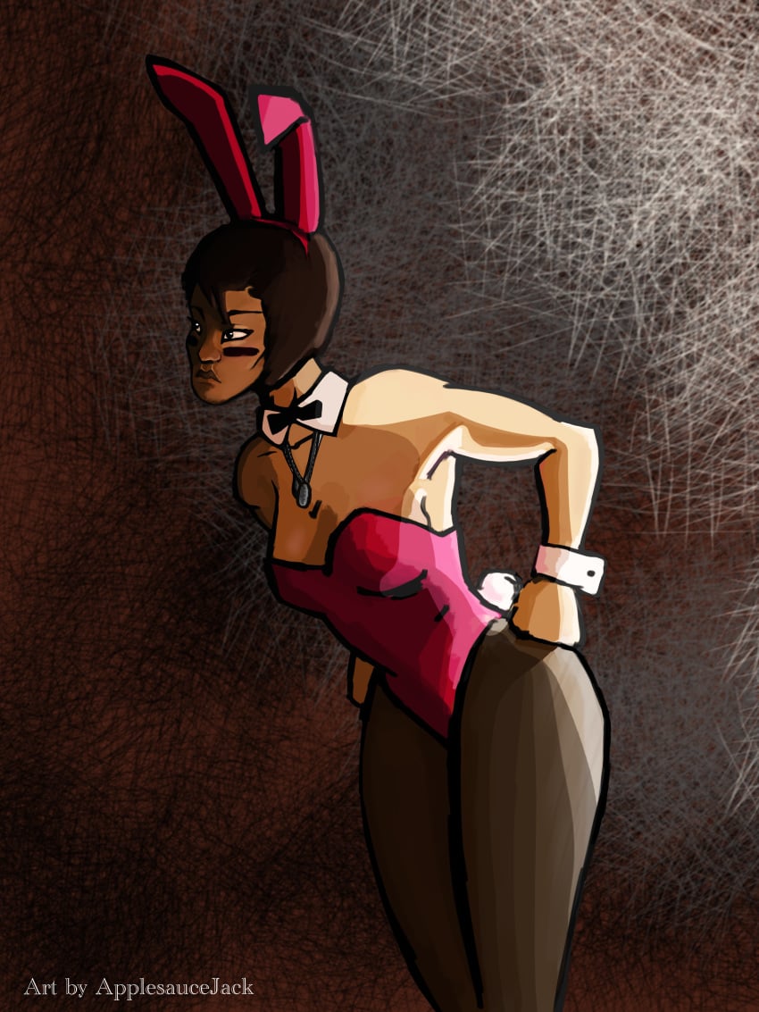 applesauce_jack borderlands borderlands_3 brown_hair bunny_ears bunnysuit collar cotton_tail cuffs dog_tags female frown hands_on_hips moze_(borderlands) tights