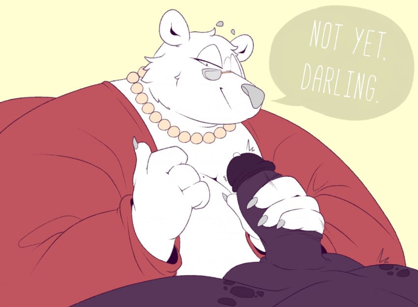 anthro bernice_(seldom) big_breasts breasts cleavage clothed clothing duo female genitals handjob huge_breasts male mammal overweight penile penis polar_bear seldom sex straight ursid ursine