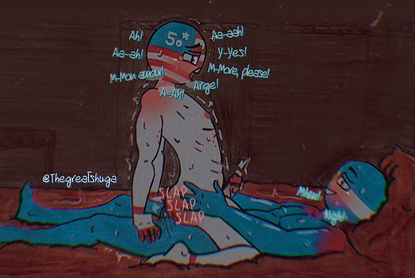 argentina_(countryhumans) blue_body blue_skin blush countryhumans erection gay hip_grab laying laying_on_bed male male_only moan moaning on_back on_bed open_mouth riding sweat sweatdrop thegreatshuga united_states_of_america_(countryhumans)