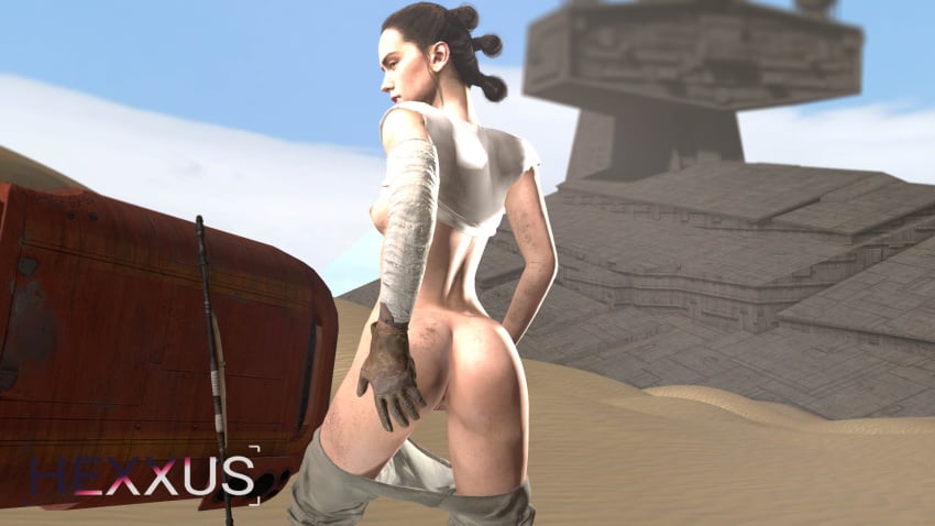 1girls 3d ass breasts brown_eyes brown_hair desert female female_only hexxus_(artist) looking_at_viewer looking_back outdoors rey small_breasts source_filmmaker speeder speeder_bike staff star_wars weapon