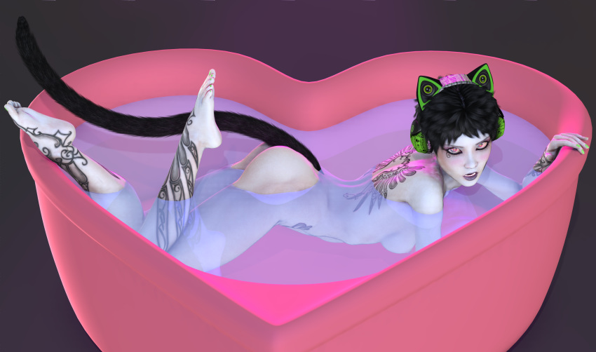 3d animal_ears annonymouse bath black_hair breasts cat_ears catgirl feline feline female green_eyes hair headphones looking_at_viewer mammal nipples nude nyalla solo tattoo water