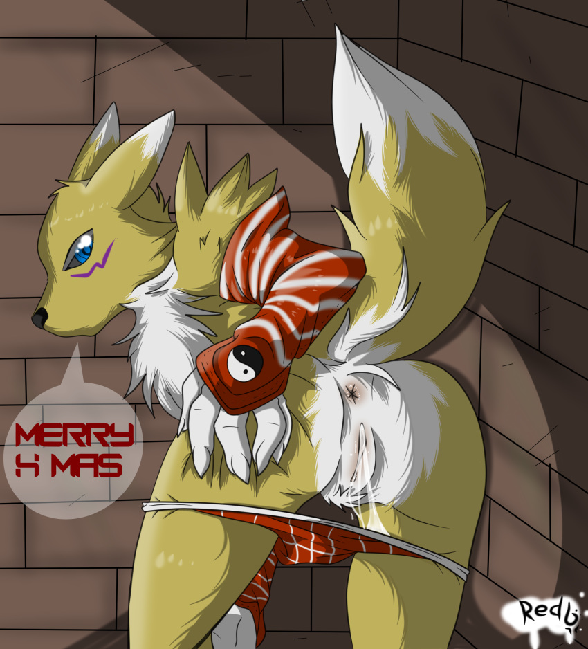 alley anthro anus ass bandai bent_over christmas clothing digimon english_text female gloves holidays looking_at_viewer looking_back outside panties panties_down presenting presenting_hindquarters pussy pussy_juice pussy_juice_string raised_tail rear_view redfoxsoul renamon signature solo standing striped striped_panties talking_to_viewer text underwear undressing wet wet_panties