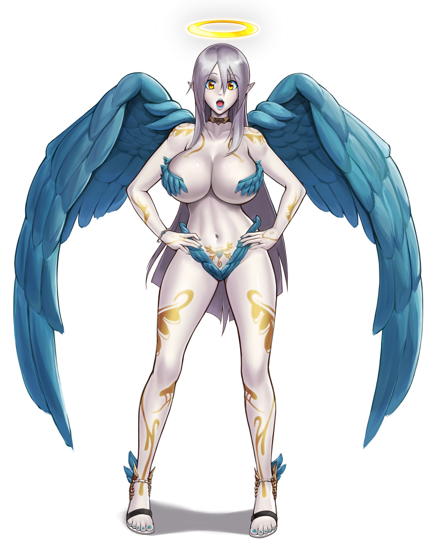 angel angel_wings big_breasts bimbo blue_eyes blue_lipstick blue_nails cynthia_celebrian demon_girl female female_only golden_eyes gray_hair hybridmink midriff succubus tattoo white_body wings