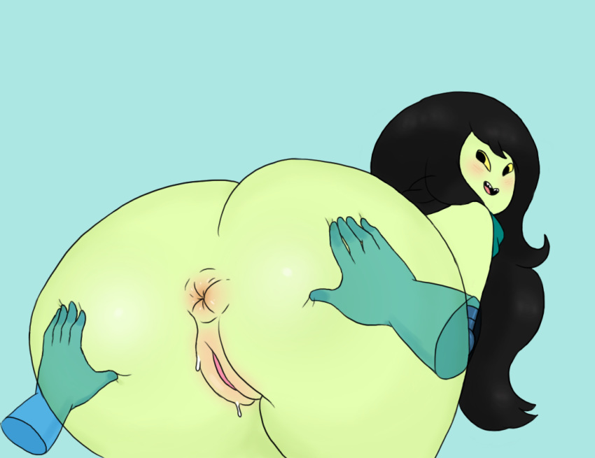 1girls adventure_time anus artist_request ass black_hair blush cartoon_network floating_hands green_skin huge_ass looking_back pussy shoko_(adventure_time) thick_thighs wet yellow_sclera