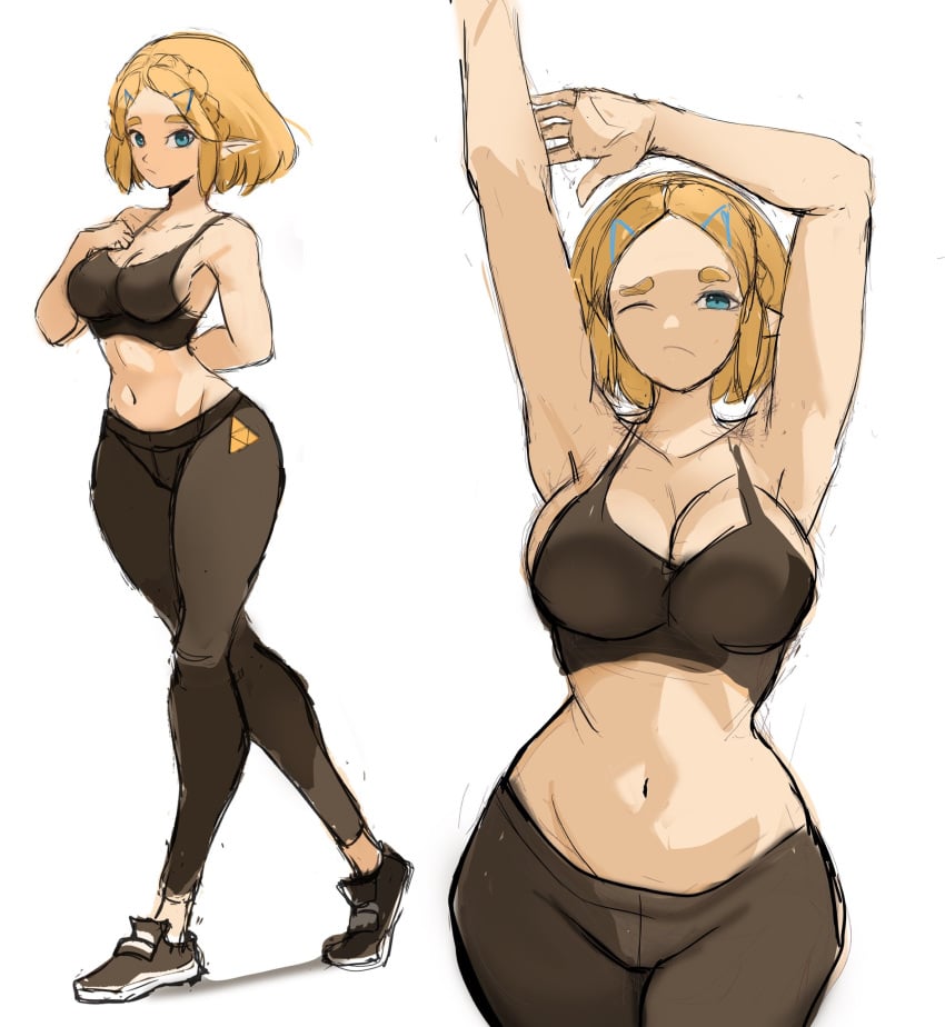 1girls blonde_hair breasts callipygous child_bearing_hips female fit_female green_eyes large_breasts light-skinned_female light_skin nintendo pointy_ears princess_zelda rakeemspoon short_hair sports_bra sportswear tears_of_the_kingdom the_legend_of_zelda thick_thighs tight_clothing voluptuous voluptuous_female yoga_pants zelda_(tears_of_the_kingdom)