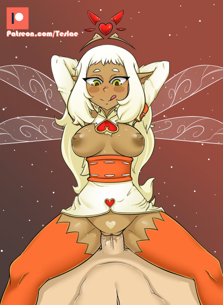 clothed dark-skinned_female dofus eniripsa eniripsa_goddess exposed_breasts fairy krosmaga pubic_hair pussy pussy_juice ripped_clothing tanned teslae tongue_out wakfu white_hair wings