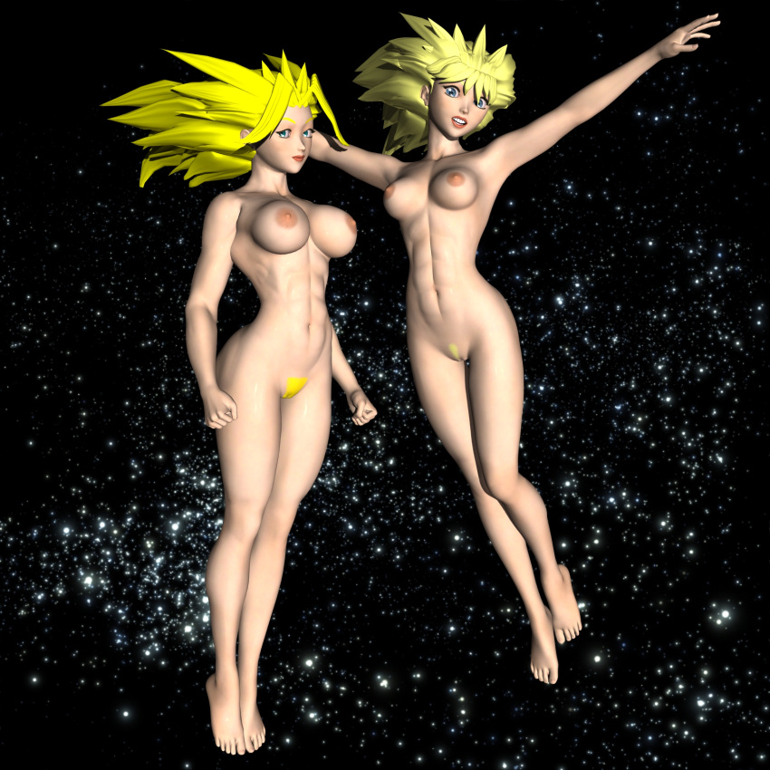 2girls abs belly_button bra_(dragon_ball) bra_briefs breasts closed_mouth dragon_ball dragon_ball_gt erect_nipples feet female green_eyes human multiple_girls nipples nude nude_female open_mouth pan_(dragon_ball) pubic_hair pussy sailmaster-seion smile spiked_hair stomach super_saiyan