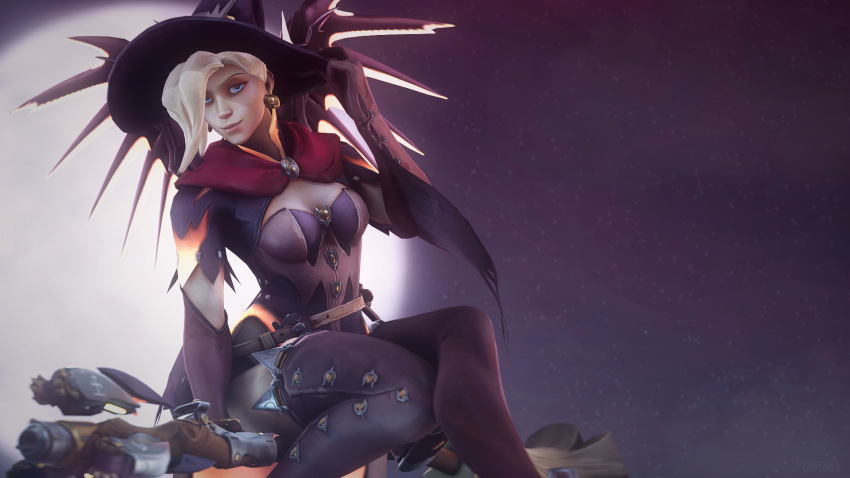 3d looking_at_viewer mercy overwatch witch_hat witch_mercy