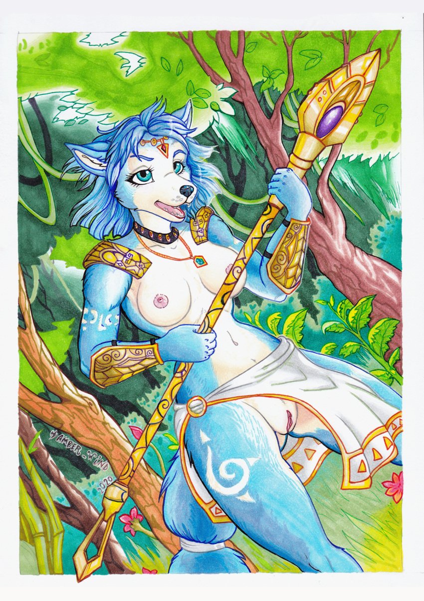 2020 5_fingers amber_wind anthro black_nose blue_body blue_fur blue_hair breasts canid canine clothing collar detailed_background exposed female fingers fox fur genitals green_eyes hair hi_res holding_object holding_weapon inner_ear_fluff jewelry krystal loincloth mammal markings melee_weapon necklace nintendo nipples open_mouth pink_pussy pink_tongue polearm pussy raised_clothing raised_skirt shoulder_guards solo spear standing star_fox teeth tongue traditional_media_(artwork) tribal tribal_markings tuft video_games weapon white_body