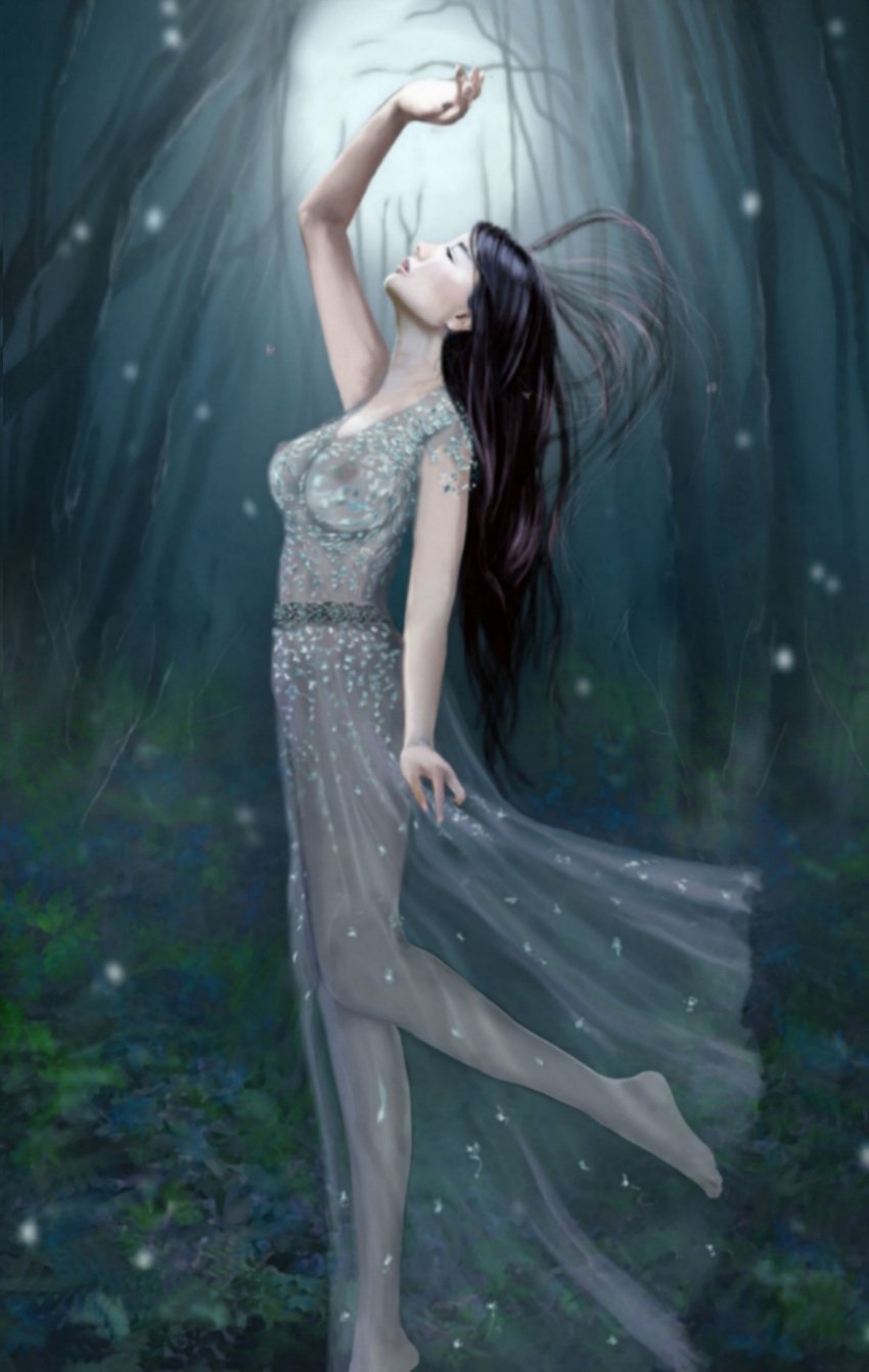 1girls black_hair dancing dress edit elf elf_ears female female_only large_breasts legs lord_of_the_rings luthien_tinuviel nipples see-through solo solo_female the_silmarillion thighs