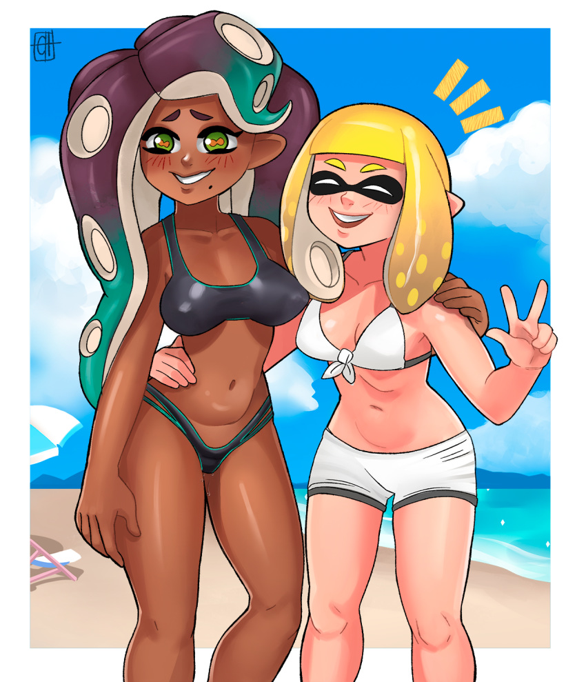 2020 2girls background bikini breasts cephalopod chechi chocolate_and_vanilla dark-skinned_female dark_skin digital_media_(artwork) female inkling inkling_girl large_breasts long_hair marina_(splatoon) nintendo nipple_bulge octoling splatoon splatoon_2 swimsuit tentacle_hair