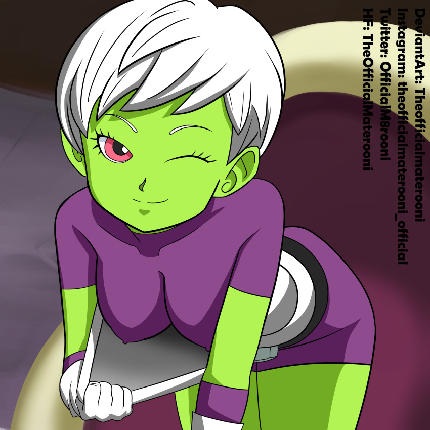 1girls alien alien_girl areolae armor battle_armor breasts cheelai clothes dragon_ball dragon_ball_super dragon_ball_super_broly elastic_armor erect_nipples eye_contact female female_only flashing gloves green_skin humanoid looking_at_viewer nipples pink_eyes shirt short_hair small_breasts solo text theofficialmaterooni tights watermark white_hair wink