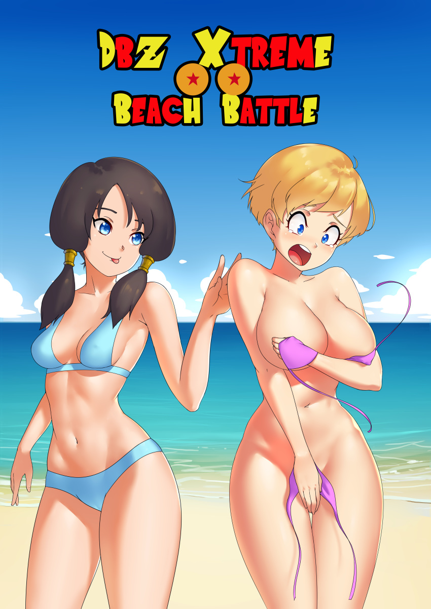 2girls beach belly_button bikini black_hair blonde_hair blue_eyes blush breasts cleavage clothed clothed_female clothing dragon_ball dragon_ball_z embarrassed erasa female female_only human large_breasts open_mouth short_hair smile stomach surprised swimwear text tied_hair tongue tongue_out twintails videl wardrobe_malfunction weyy