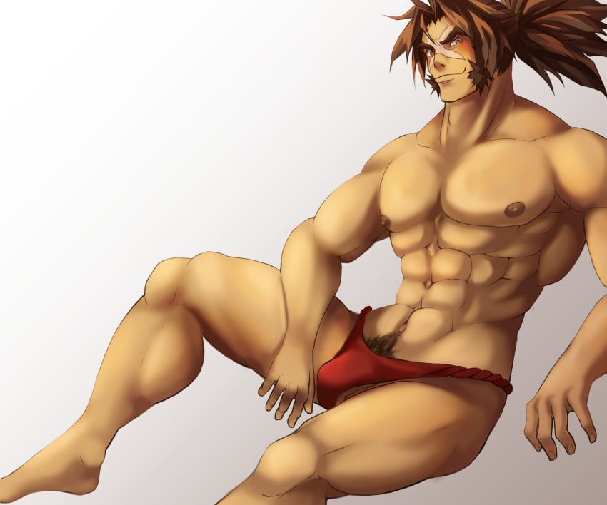 1boy abs bang_shishigami bara blazblue blush male male_only muscles muscular_male penis pose thong yaoi