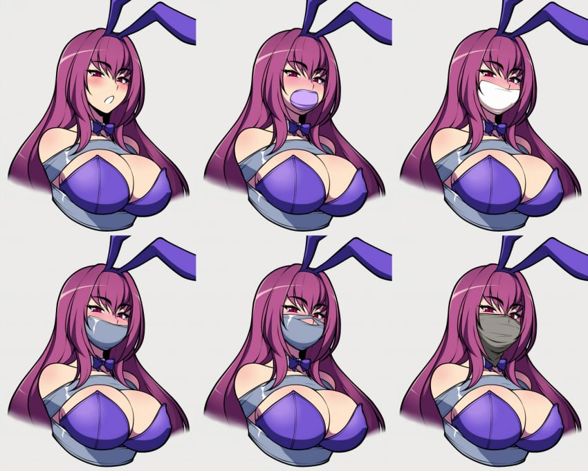 1girls arms_behind_back ball_gag big_breasts blue_eyes blush blushing bondage bunny_ears bunny_girl bunnysuit cleavage consensual_bondage fate/grand_order fate/stay_night fate_(series) female femsub gag happy_sub jam-orbital large_breasts long_hair looking_at_viewer microfoam microfoam_tape mouth_gag restrained scathach_(fate) scathach_(piercing_bunny) solo solo_female tape tape_bondage tape_gag tied_up white_tape