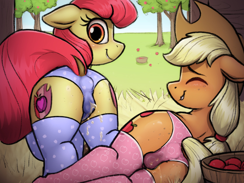 absurd_res apple_bloom_(mlp) applejack_(mlp) ass blush bodily_fluids closed_eyes clothing cutie_mark dock duo earth_pony equid equine eyelashes female feral friendship_is_magic genital_fluids hat headgear headwear hi_res horse legwear looking_at_viewer lying mammal my_little_pony on_back panties peeing peeing_through_clothing peeing_through_panties pony selenophile sibling sister smile tree underwear urinating urinating_female urination urine watersports wetting