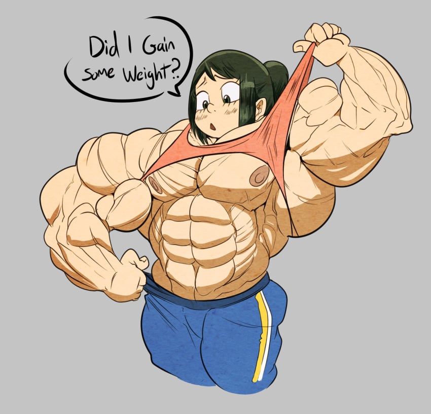 1girls androgynous female green_hair guitartist03 hyper_muscles inko_midoriya muscular muscular_female my_hero_academia nipples pants pecs solo tank_top tank_top_lift