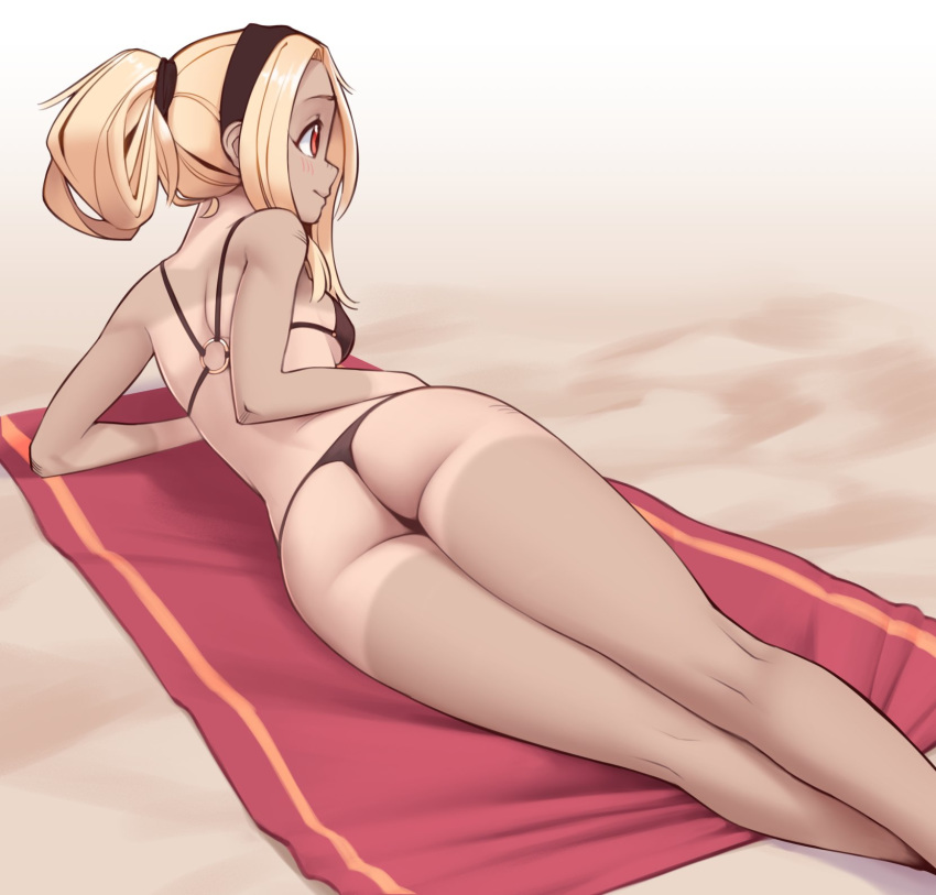 1girls beach bikini blonde_hair blush butt butt_crack fair-skinned_female fair_skin female female_focus female_only gravity_rush kat_(gravity_rush) light-skinned_female light_skin long_hair nickleflick on_side ponytail solo solo_female solo_focus tanline wamudraws