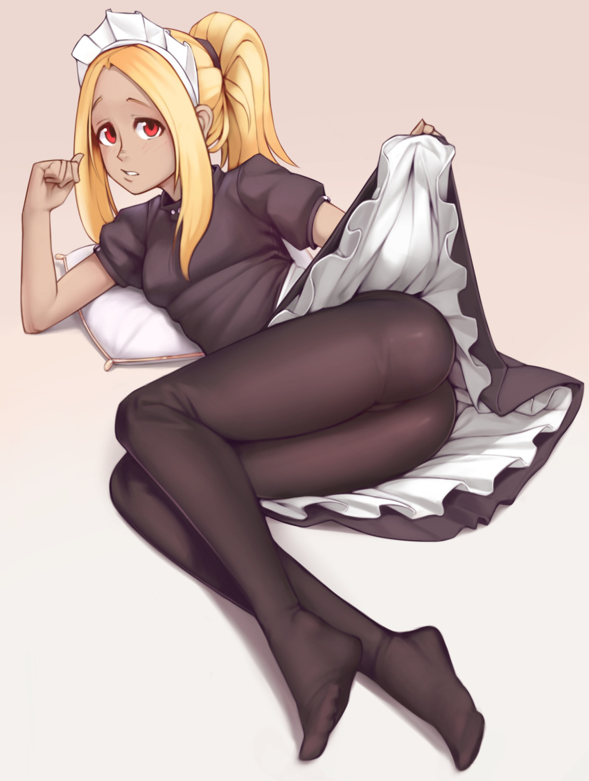 1girls blonde_hair blush fair-skinned_female fair_skin female female_focus female_only gravity_rush kat_(gravity_rush) light-skinned_female light_skin long_hair maid_headdress maid_uniform nickleflick ponytail red_eyes solo solo_female solo_focus tights wamudraws