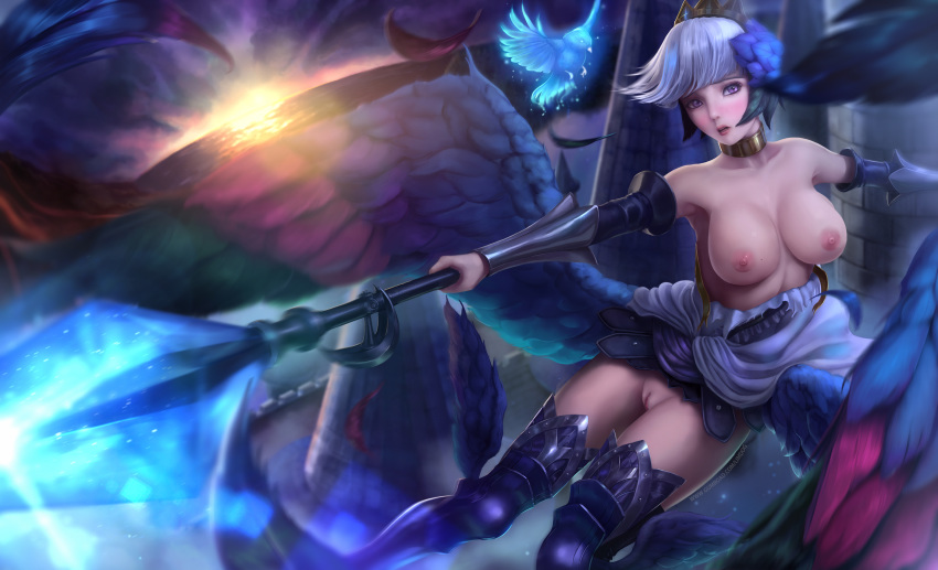 1girls animal bird blush breasts exposed exposed_breasts exposed_pussy female flower_in_hair gwendolyn_(odin_sphere) hair_ornament high_resolution highres limgae looking_at_viewer nipples odin_sphere purple_eyes pussy uncensored weapon white_hair wings