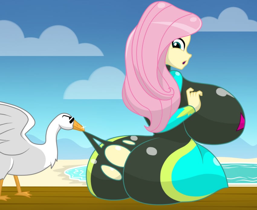 beach equestria_girls fluttershy_(eg) fluttershy_(mlp) goose huge_ass huge_breasts long_hair looking_back mashoart mouth_open my_little_pony pink_hair ripped_clothing sideboob sitting straight_hair sunglasses surprised swimsuit voluptuous water wide_hips