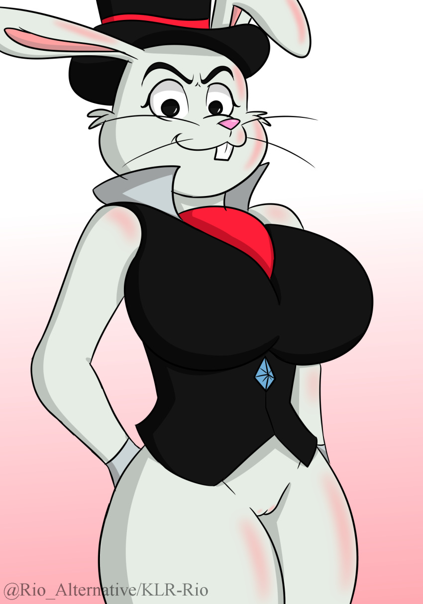 2019 anthro big_breasts bottomless breasts clothed clothing collar dc dc_comics digital_media_(artwork) female fur genitals hat headgear headwear hi_res klr-rio krypto_the_superdog lagomorph leporid mammal mertin_the_magnificent pussy rabbit rule_63 solo top_hat topwear vest whiskers white_body white_fur