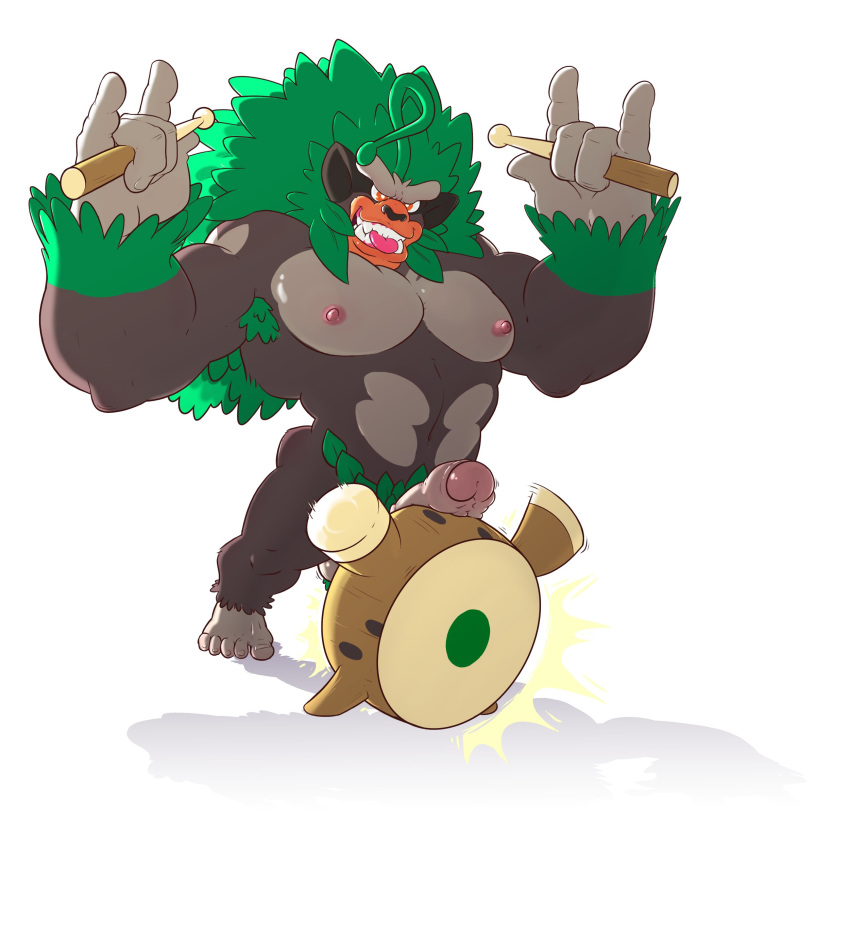 1boy 2019 5_fingers 5_toes abs absurd_res armpit_hair ball_tuft bara barazoku biceps biped body_hair brown_body clenched_teeth cross-eyed dogfu drum drumming erection feet fingers fur fur_tuft furry glans green_body green_fur green_hair hair hi_res holding_object humanoid_feet humanoid_hands humanoid_penis kemono leaf leaf_hair long_hair male male_only mammal multicolored_body multicolored_fur muscular muscular_male musical_instrument nintendo nipples orange_eyes pecs penis pink_glans plant plant_hair pokémon_(species) pokemon pokemon_ss portrait pose primate pubic_hair rillaboom silly_face simple_background smile solo standing teeth testicles thick_penis toes tongue tongue_out toony tuft two_tone_body two_tone_fur uncut veins veiny_penis video_games white_background