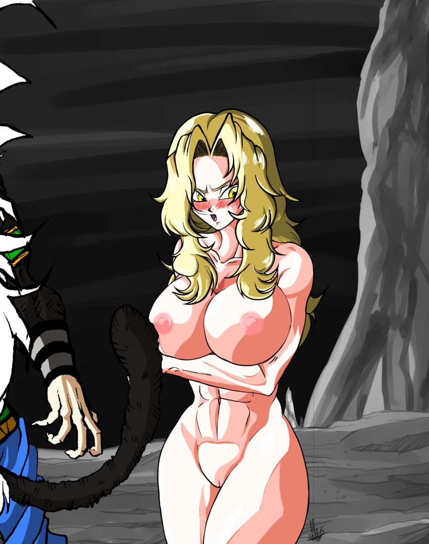 black_fur blonde_hair blush breasts clothed_male_nude_female color dragon_ball dragon_ball_af female irina irina_(dbaf) light-skinned_female male nipples nude_female pussy standing super_saiyan_6 tail thighs unkoshin white_hair yellow_eyes