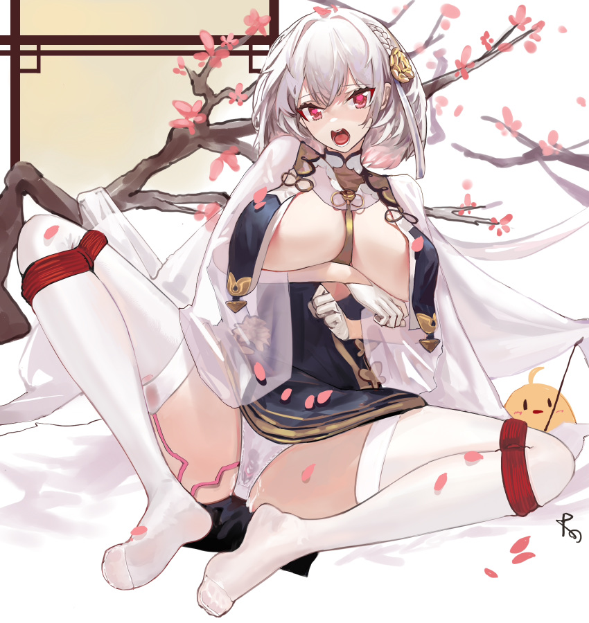 areola_slip areolae azur_lane bangs bird bound bound_knees breast_curtains breasts chick feet female full_body gloves heart heart-shaped_pupils highres large_breasts looking_at_viewer masturbation medium_hair open_mouth panties prossss pussy_juice red_eyes silver_hair sirius_(azur_lane) solo symbol-shaped_pupils thighhighs underwear vibrator vibrator_in_thighhighs vibrator_under_clothes vibrator_under_panties white_gloves white_legwear white_panties