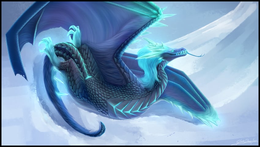 2020 animal_genitalia auroth_the_winter_wyvern blue_body blue_eyes blue_hair claws cloaca day detailed_background digital_media_(artwork) dota dota_2 dragon female feral genitals glacierdragoon glowing glowing_body glowing_eyes glowing_genitalia glowing_scales hair hi_res horizontal_cloaca horn long_tongue lying membrane_(anatomy) membranous_wings nude outside scales snow solo teeth tongue video_games wings wyvern