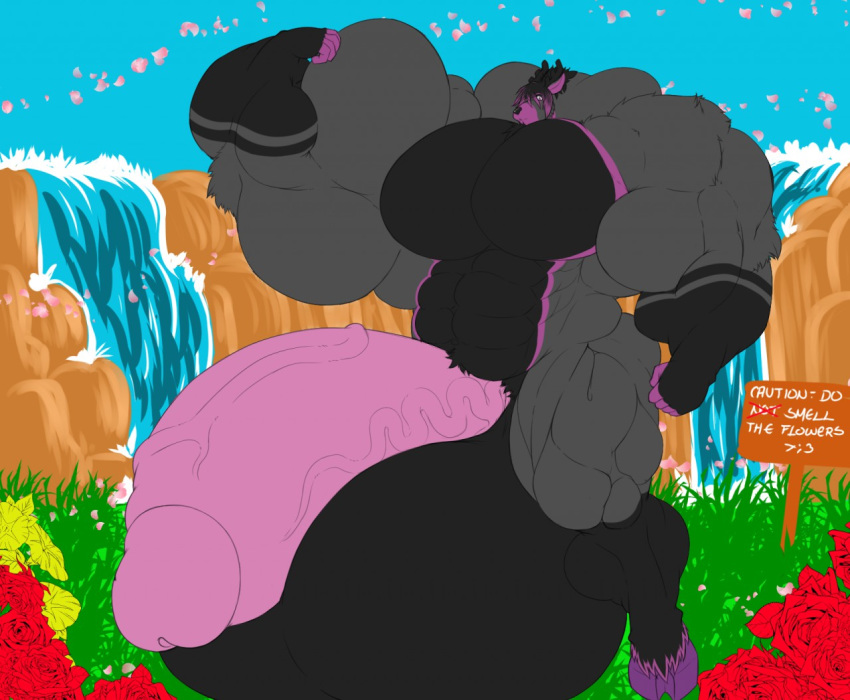 anthro balls big_balls big_muscles big_penis cervid day flexing flower genitals grass hair hooves huge_balls huge_cock huge_muscles humanoid_penis hyper hyper_balls hyper_genitalia hyper_muscles hyper_penis looking_at_viewer male male_only mammal muscular penis plant sachiel_666 waterfall