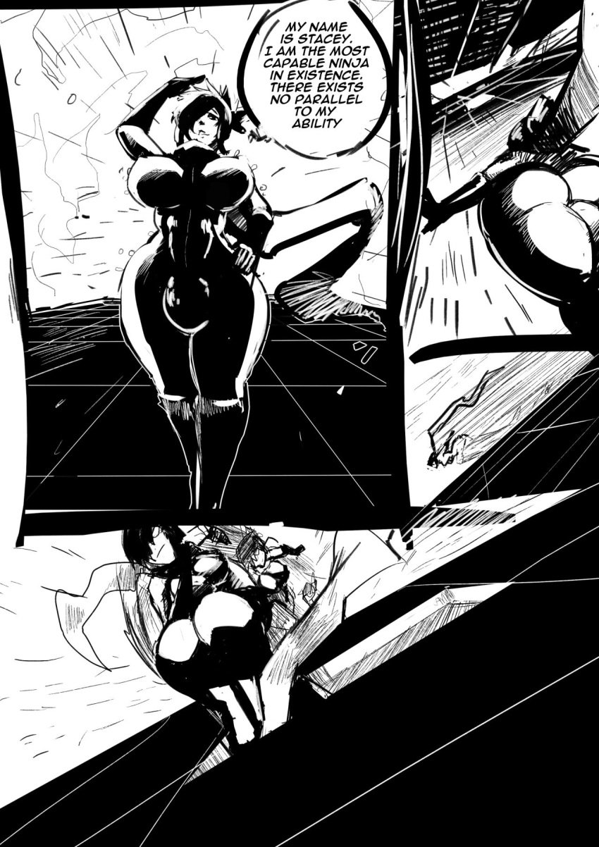 big_balls big_breasts big_penis black_and_white bodysuit building futanari huge_penis lemonfont rain stacey_(modeseven)