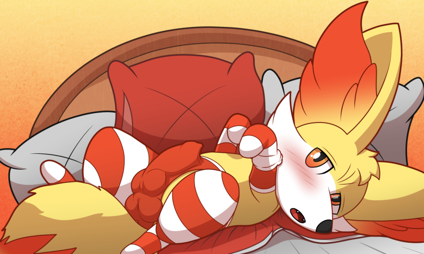 1boy 2020 bed blush bulge cel_shading clothed clothing digital_media_(artwork) dipstick_tail femboy fennekin feral fur furniture half-closed_eyes hi_res knot legwear looking_at_viewer male male_only multicolored_tail nintendo open_mouth panties penis pillow pokémon_(species) pokemon pokemon_(species) pokemon_xy sallandril solo stockings tongue tuft underwear video_games white_body white_fur yellow_body yellow_fur