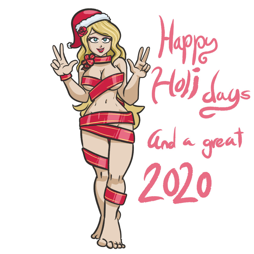 2020 5_fingers 5_toes blonde_hair blue_eyes bow christmas christmas_hat double_v english_text happy lana_wake large_breasts naked_ribbon original_character present red_ribbon ribbon rose_in_hair santa_hat sqootshy v white_background wrapping_paper