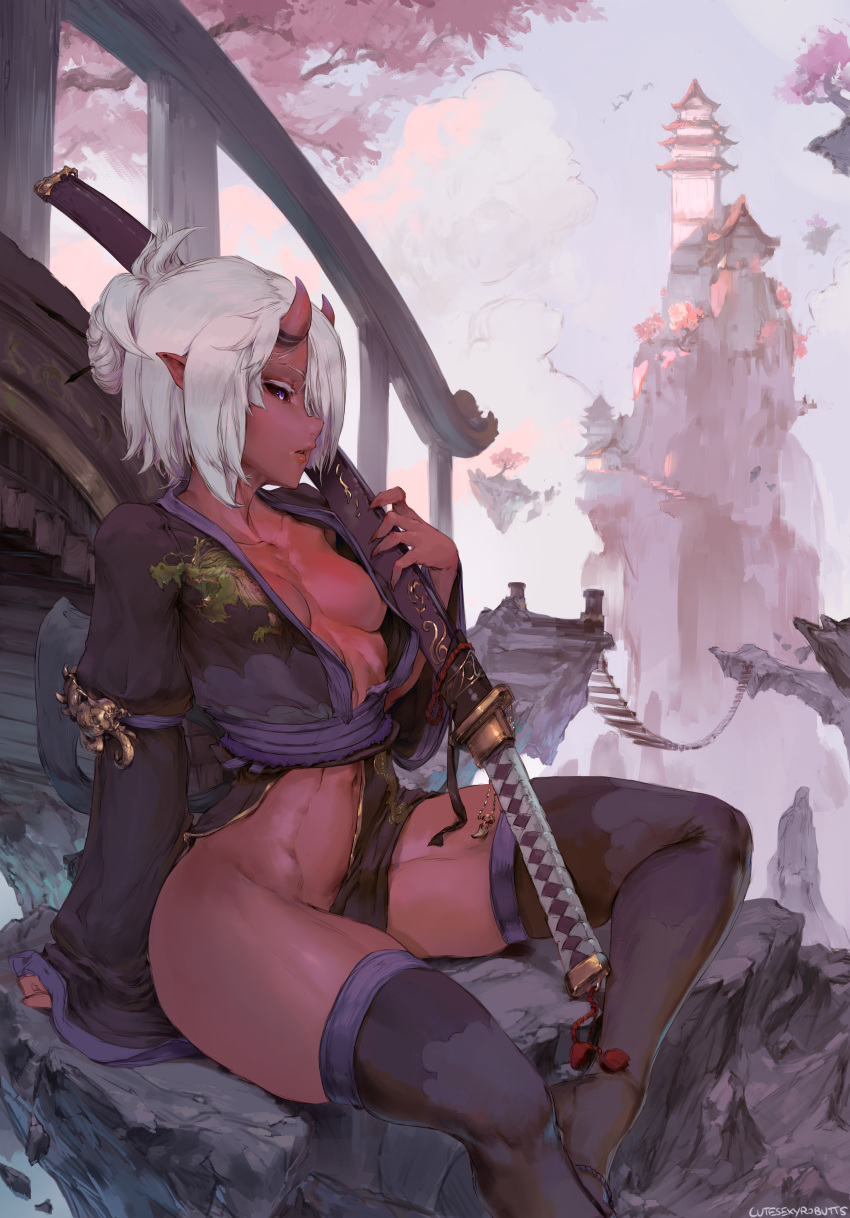 1girls architecture armlet black_kimono black_legwear black_sclera breasts bridge claws cloud colored_eyelashes cutesexyrobutts ear_piercing east_asian_architecture fantasy feet_out_of_frame female female_only floating_island hair_bun hair_ornament hair_stick high_resolution horns jewelry katana kimono long_sleeves looking_at_viewer looking_away medium_breasts mountain naked_kimono navel no_bra nopan on_ground oni oni_horns open_clothes open_kimono original outdoors pagoda parted_lips piercing pointed_ears ponytail purple_eyes red_skin rock sash scabbard sheathed short_hair sitting sleeves_past_wrists smile solo sword thick_thighs thighhighs thighs tied_hair tower tree wafuku weapon white_hair wide_hips wide_sleeves