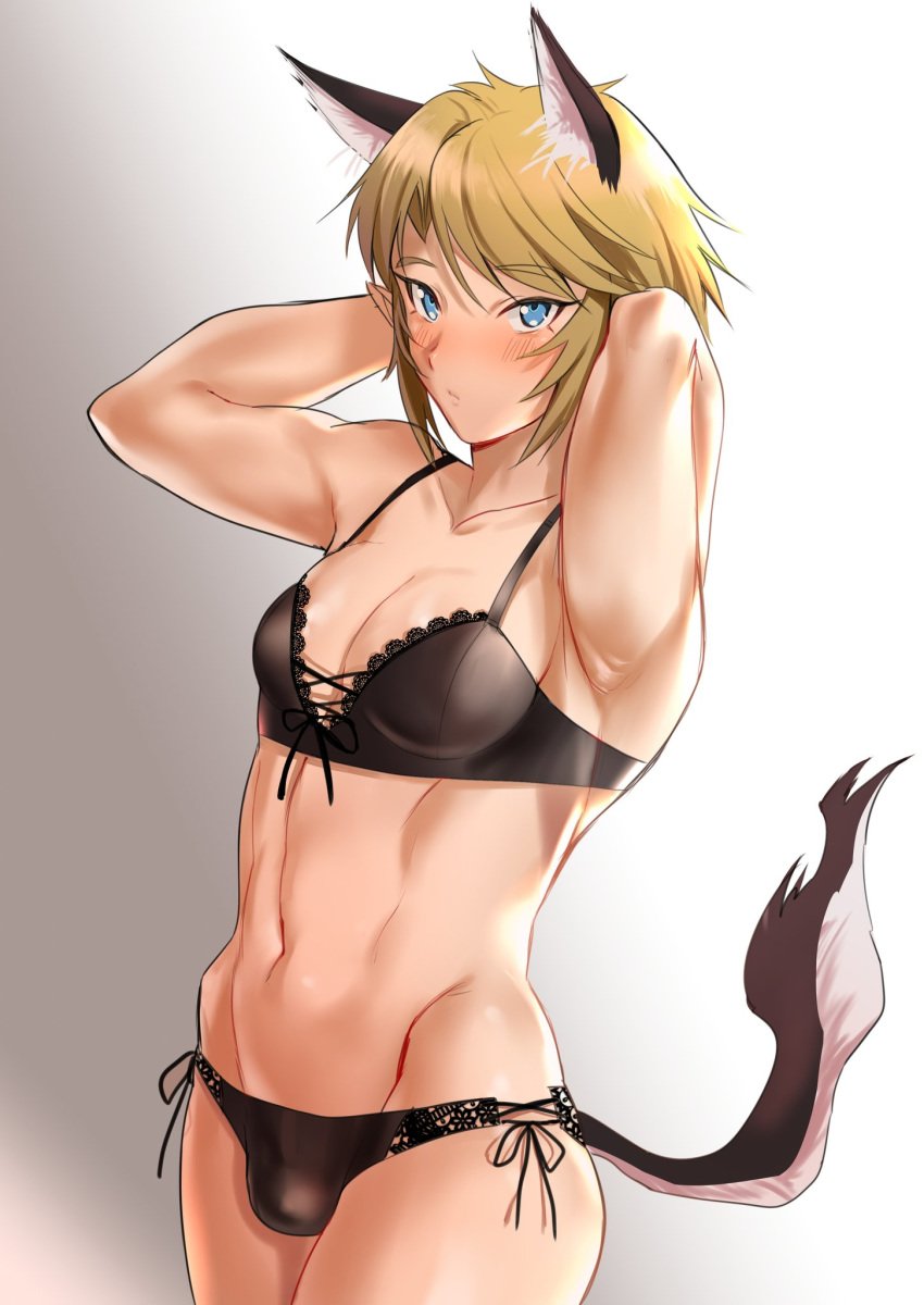 animal_humanoid blush bulge clothed clothing crossdressing felid felid_humanoid feline feline_humanoid girly hi_res humanoid link link_(twilight_princess) male mammal mammal_humanoid panties solo tamatamako the_legend_of_zelda twilight_princess underwear