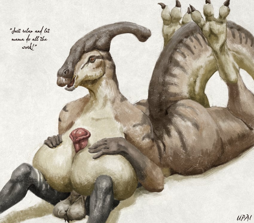 69_position animal_genitalia animal_penis anthro beak big_breasts breast_play breasts dialogue dinosaur duo equine_penis female genitals hadrosaurid hi_res huge_breasts larger_female lying male male/female nude oral ornithischian paizuri pangaea_(upai) parasaurolophus penis reptile scalie sex size_difference smaller_male smile smothering titfuck titjob upai