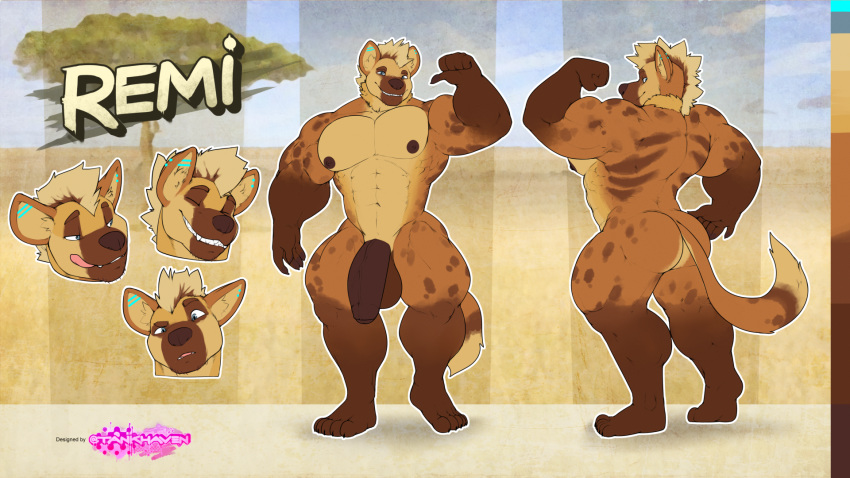 16:9 5_fingers abs balls biceps big_balls ear_piercing english_text facing_viewer fangs fingers fur genitals half-erect hi_res humanoid_penis hyaenid male mammal model_sheet muscular muscular_male nipples penis piercing plantigrade spots stripes tankh text uncut