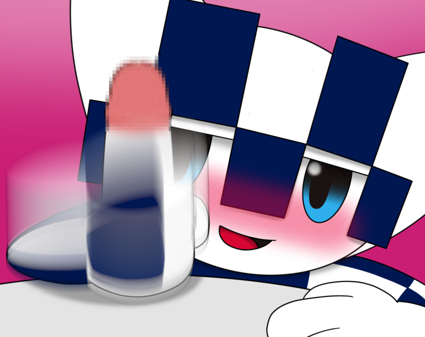 2020_tokyo_olympic anthro blue_eyes blush censored genitals half-closed_eyes handjob humanoid_penis male male_only miraitowa narrowed_eyes olympics open_mouth open_smile penile penis sex smile takuya_tail unknown_species